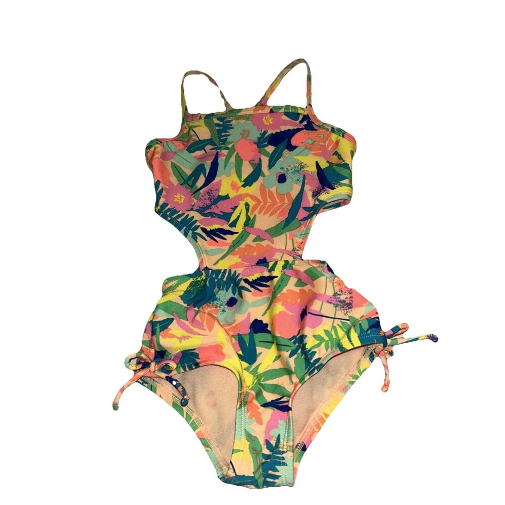 Cat & Jack 4T One Piece Side Slits Multicolor Floral Tropical Bathing Swim Suit